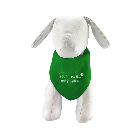 A white plush toy goat wearing a green bandana with the text 'You threw it, you go get it.'